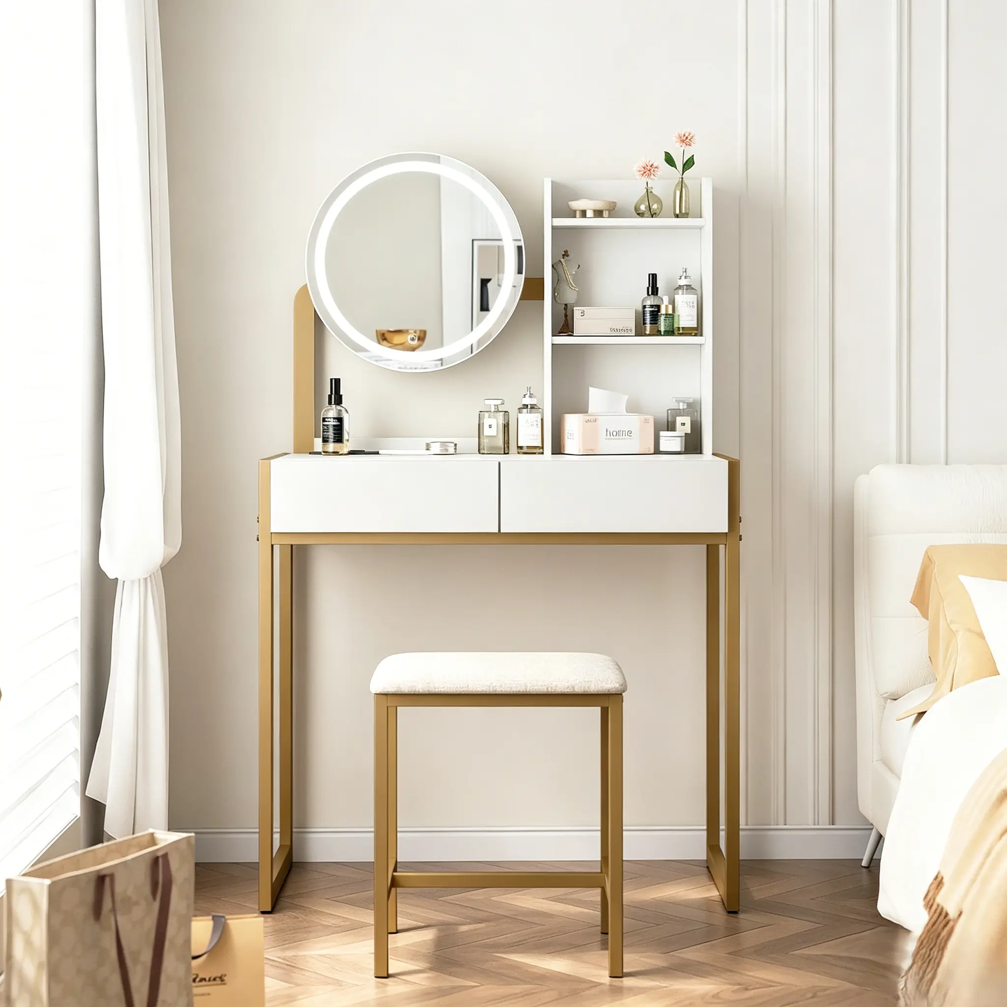 31.5 inch Small Vanity Desk with Mirror and Lights, Makeup Vanity Table with LED Mirror, 3 Lighting Modes, Power Outlet, Drawer, Open Shelves and Cushioned Stool for Bedroom,golden frame