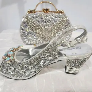 Women's Shoes and Bag Sets Size 39 - Sparkling Silver Heels with Rhinestones and Matching Clutch Bag