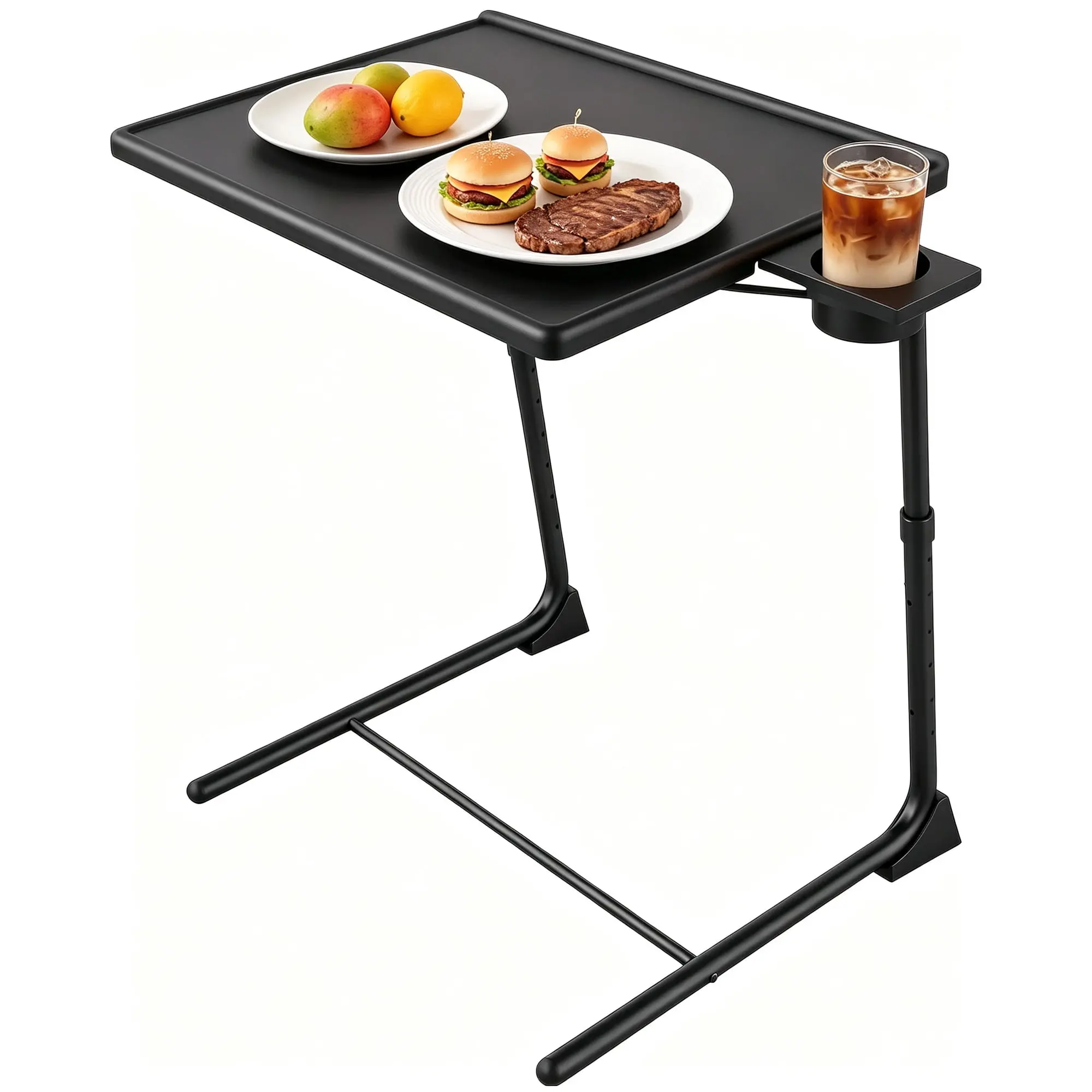Adjustable Folding C-Shaped TV Tray Table - 6 Heights, 3 Tilt Angles, Cup Holder for Bed & Sofa, Portable Kitchenware Tableware Rest
