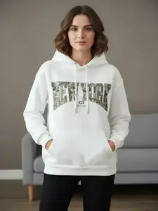 Women's Letter Print Drop Shoulder Hoodie, Fashion Casual Drawstring Kangaroo Pocket Hooded Sweatshirt for Daily Holiday Outdoor Wear, Women Clothing for Winter, Camo Hoodie, Casual Pullover Hoodies