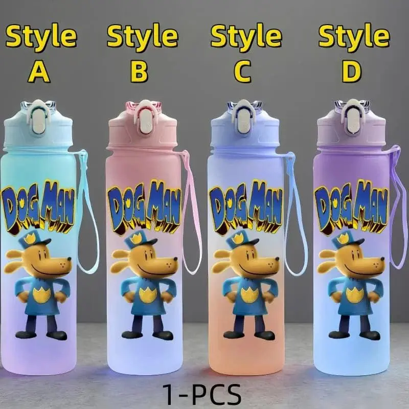 Dog Man 750ml Water Bottle for Kids, Cartoon Character Reusable Drink Bottle with Carry Strap for School & Travel