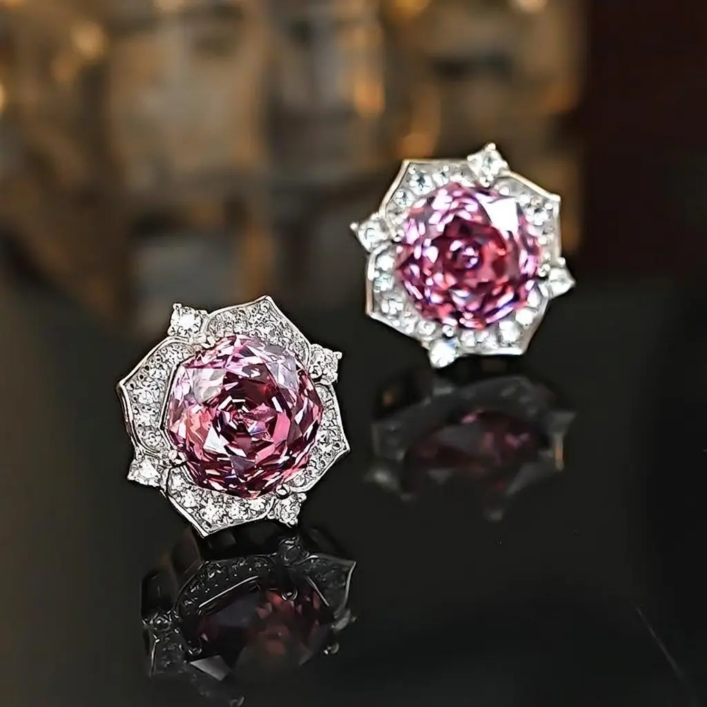 Women's 925 Sterling Silver Brilliant Pink Round Cut Moissanite Hexagon Halo Stud Earrings, Hypoallergenic Fine Jewelry, Ideal for Anniversary Gifts & Wedding Parties, Elegant Fashion Accessory