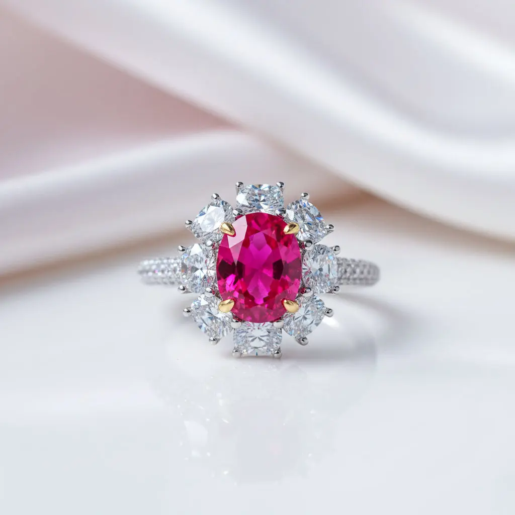 White Gold Flower Shape Oval Cut Ruby Engagement Ring