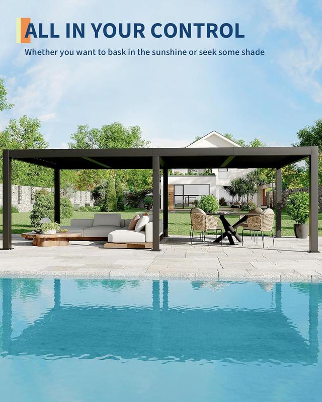 All-Aluminum Louvered Pergola 12' x 24', Outdoor Pergola with Adjustable Louvered Roof, Reinforced Aluminum Frame, Integrated Drainage System, Hardtop Gazebo for Patio, Deck, Gray