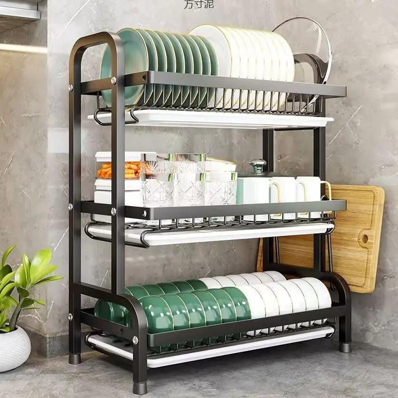 Black 3-Tier Carbon Steel Kitchen Dish Drying Rack - Adjustable Organiser, 3-Layer Standing Shelf Draining Boards, Durable, Corrosion Resistant, 25kg Capacity, with Plate Slot, Utensil Caddy, Knife Block, Mug Hooks, Drain Tray for Sink Countertop Storage,