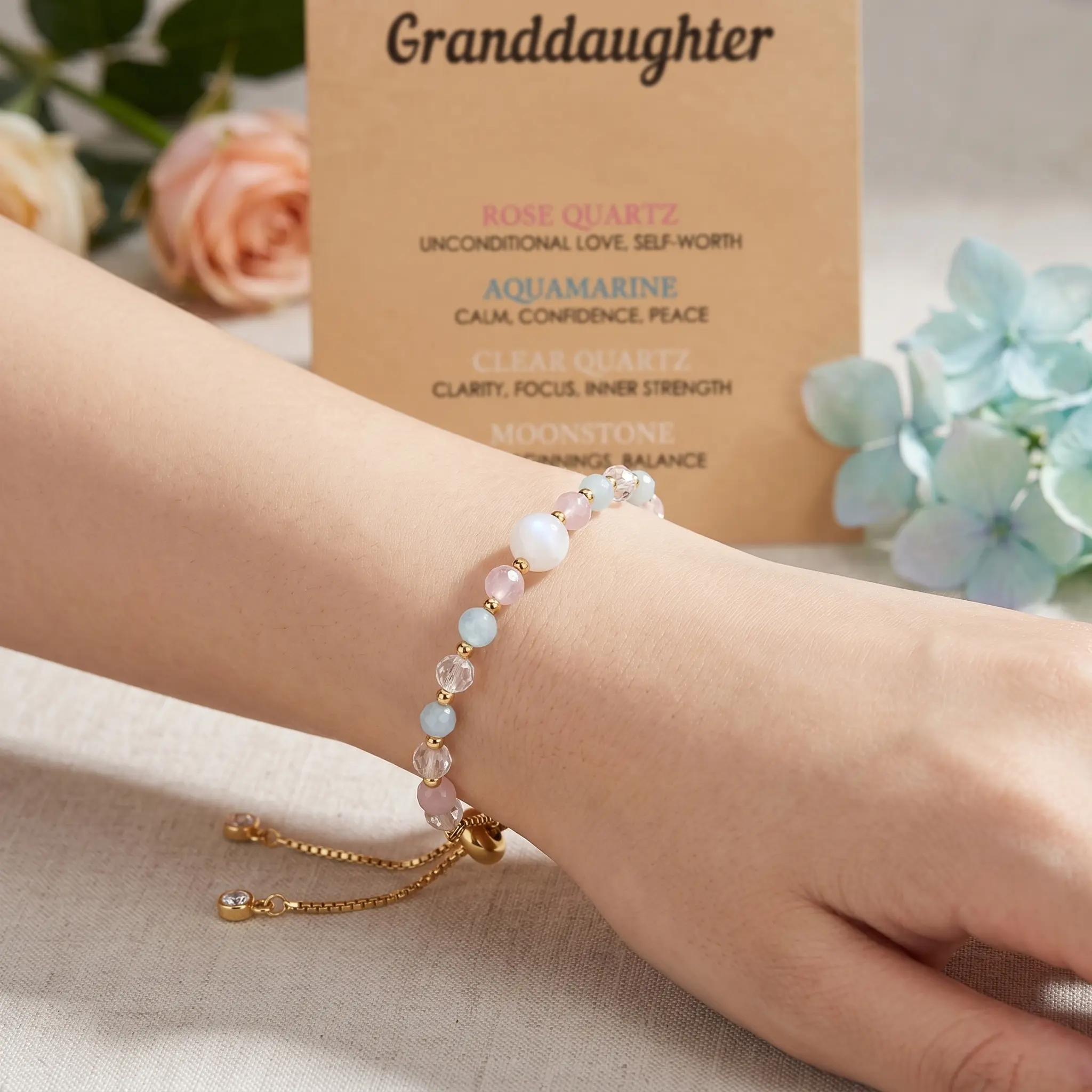 Rose Quartz & Moonstone Natural Crystal Inspirational Beaded Bracelet - Adjustable Gemstones Jewelry, 6-10.2 in Girlset for Female, Birthday Gift, Aquamarine Beads Mix, Choking Hazard Small Parts