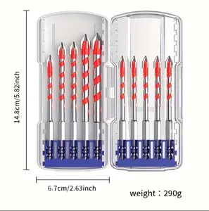 10-piece set hexagonal shank ceramic tile drill bits, magnetic tile and glass dedicated cross and triangle drills, impact 4-blade king drill, for dry drilling in ceramic, concrete, and stainless steel alloy