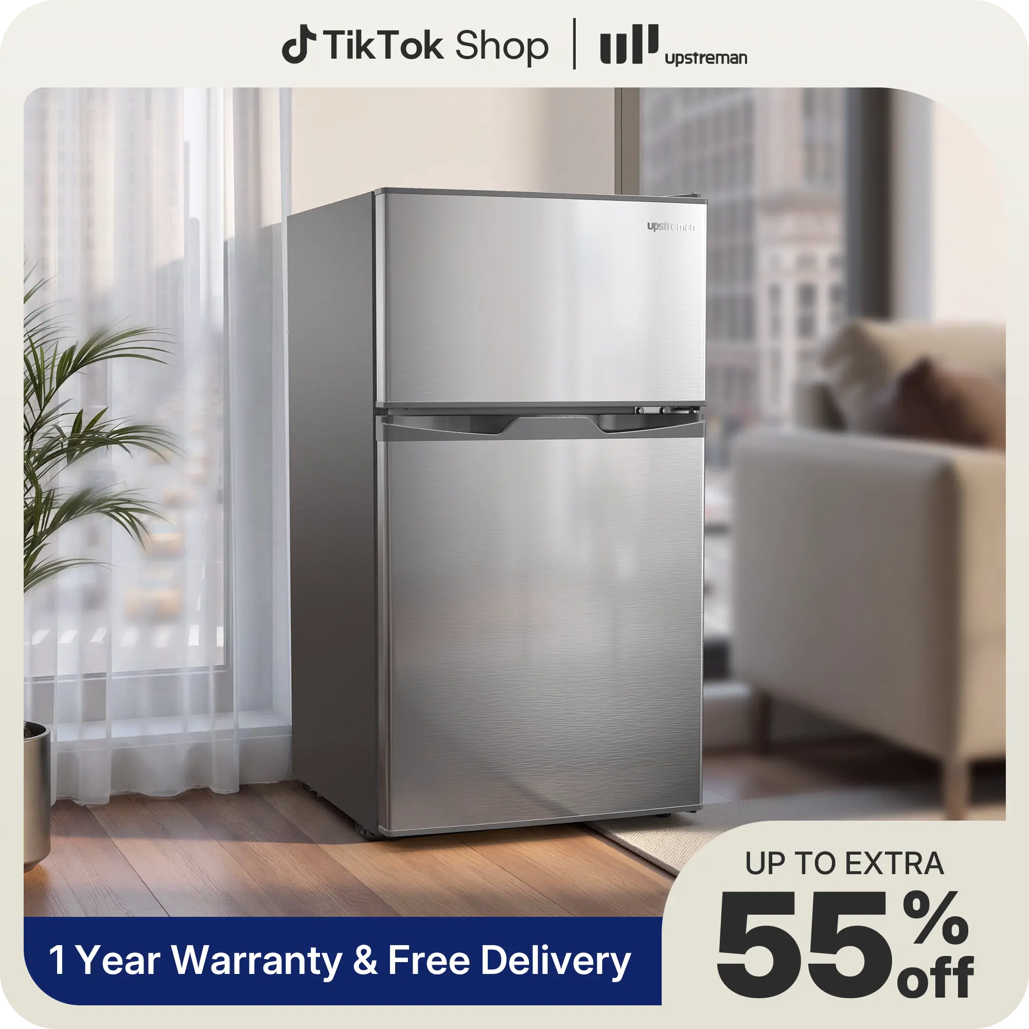 Upstreman 3.1 Cu.Ft Double Door Top Freezer Refrigerator - Stainless Steel Mini Fridge, 1 Cu.Ft Freezer, Adjustable Thermostat, Quiet Efficient, LED Light, Removable Shelves, Crisper Drawer, 110v-120v Energy Saver, for Dorm, Office, Small Spaces, Removabl