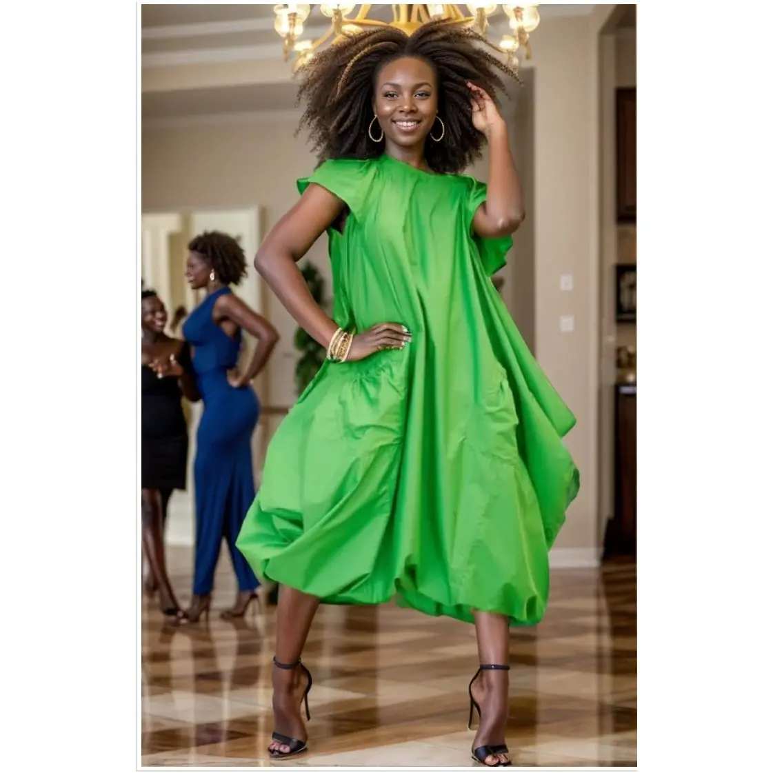 Comfortable Balloon Maxi Dress with Pleated Sleeves & Elastic Hem