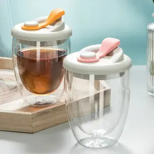 Glass Cup Double Wall With Leak-Proof Lid Transparent Insulated Coffee Cups Milk Tea Juice Mug For Girl Cute Portable Water Cup Drinking Cup