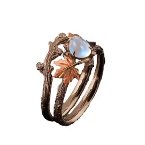 2 Pieces Minimum Order New Vintage Antique Gold Branch Maple Leaf Ring High-end Light Luxury Design Sense Anniversary Gift for Women