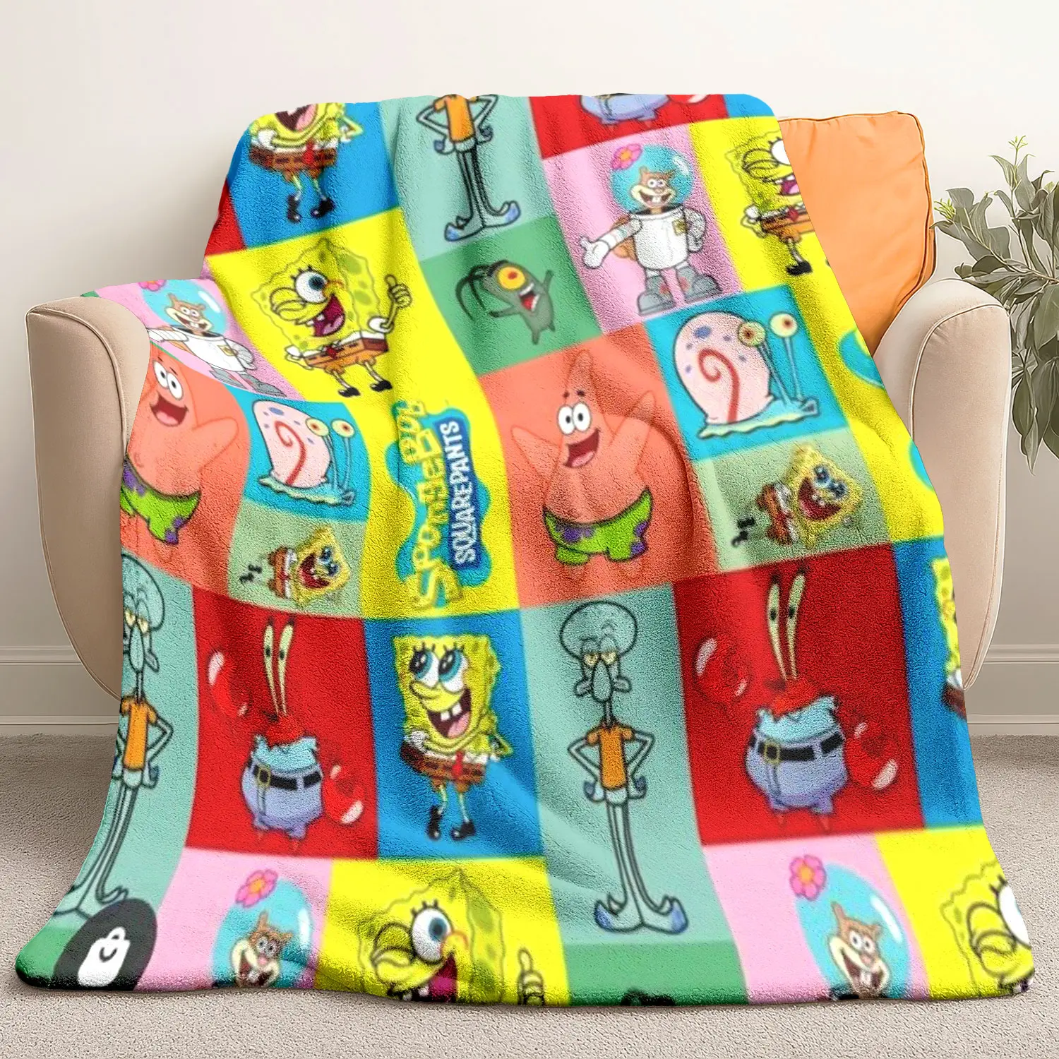 Bobo Sponge Ip Collection Plaid Print Blanket, Soft Flannel Warm Throw, Perfect for Bed Sofa Camping Outdoor, All-Season Comfort