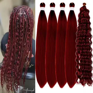 Burgundy Braiding Hair Pre stretched Dark Red Boho Braids Prestretched Micro Braiding Hair Ez Braid Synthetic Curly Deep Wave Braids