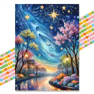 5D Full Drill Starry Sky Cherry Blossom Path Diamond Painting, Dreamy Healing Living Room Wall Art, DIY Handmade Embroidery Kit