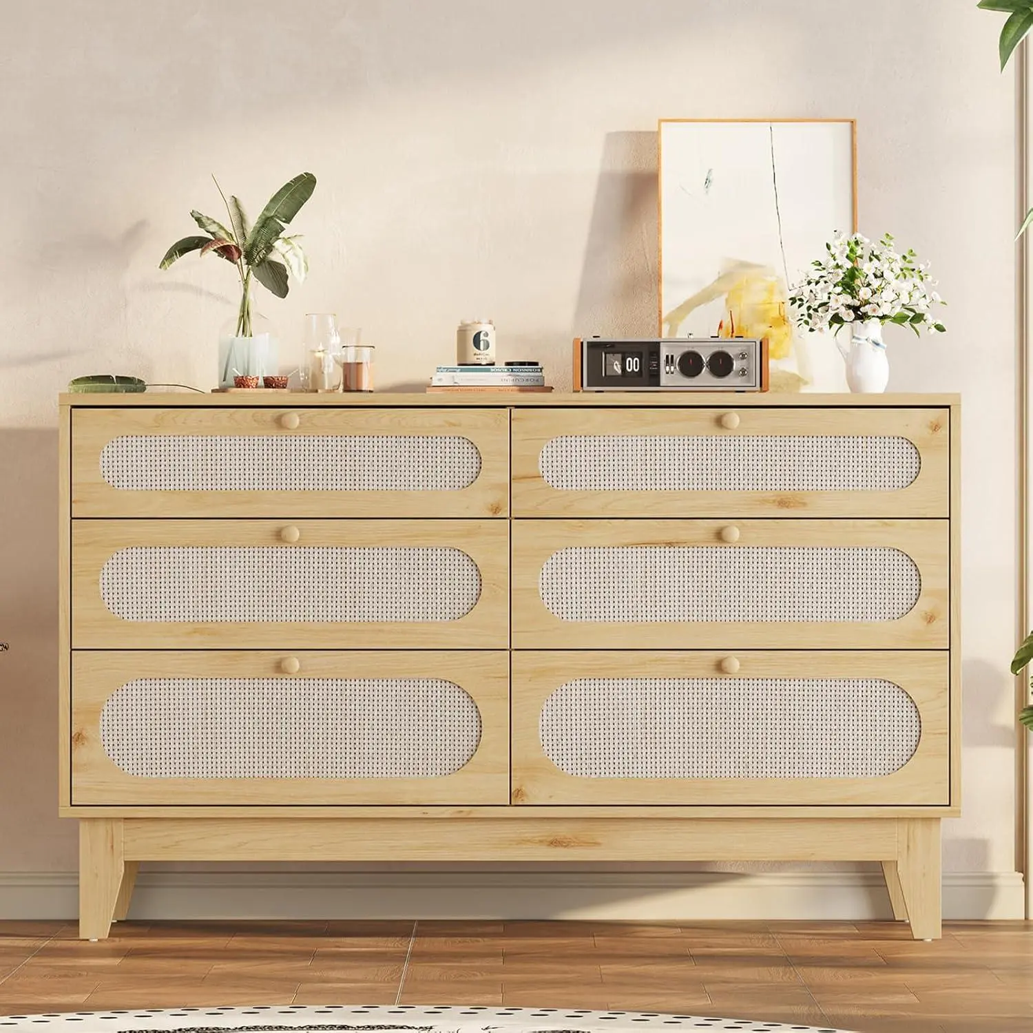 Boho 6-Drawer Rattan Wicker Drawer Storage Dresser with Charging Station, Wooden Vertical Chest with USB Ports & Power Outlets, Storage Dressers