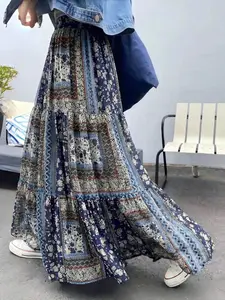 Women's Bohemian Long Midi Skirt, Vintage Floral Patchwork Print, Elastic Waist Flowy Dress, Stylish Summer