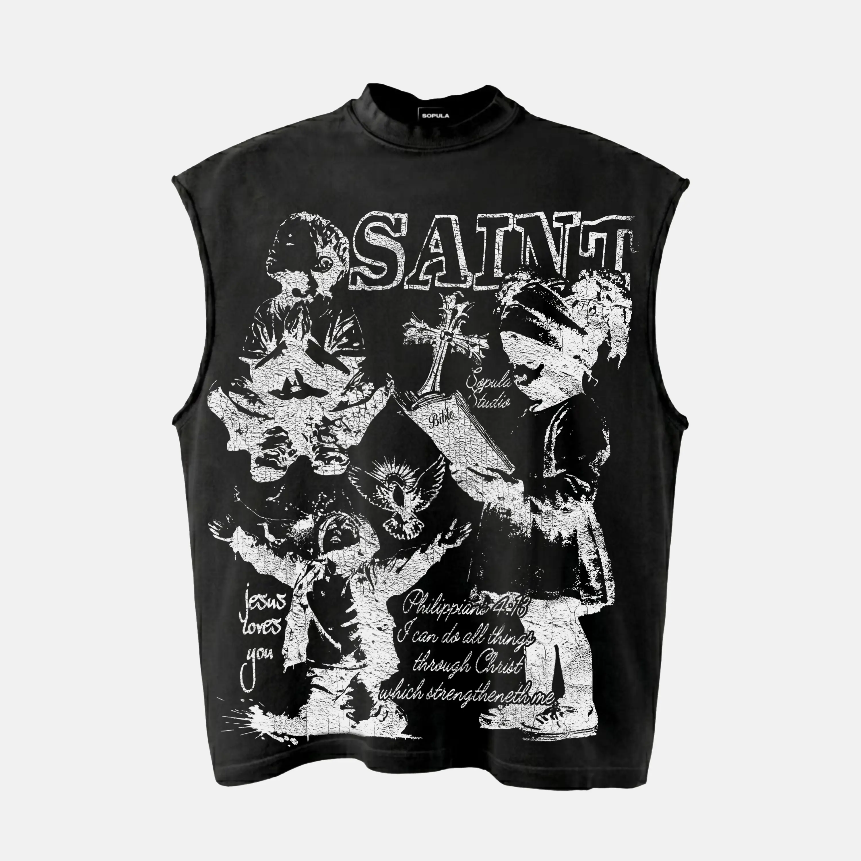 Sopula Studio Men's Faith-Inspired Divinity Graphic Tank Top - Sleeveless Mens Clothing Streetwear Vest with Bible Prayer, Saint, Child Of God Designs, Sleeveless Tank Tops, Christian Print Vests, Faith Graphic Vests