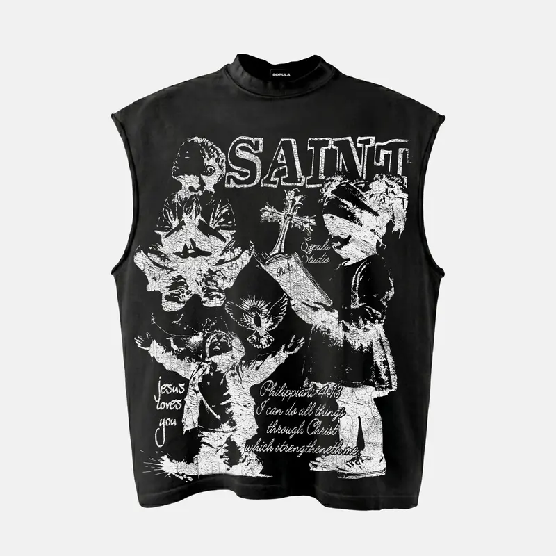 Sopula Studio Men's Faith-Inspired Divinity Graphic Sleeveless Tank Top - Medium-Length Menswear Vest with Bible Prayer, Saint, Child Of God Prints, Casual Basics for Party, Street (100% Cotton, Chic Graphic Tops)