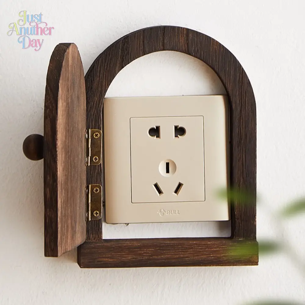 Vintage Wooden Door Style Light Switch Cover, Rustic Wood Outlet Protector, Decorative Wall Plate for Home, Creative Fairy Door Socket Hideaway, Anti-Shock Safety Guard