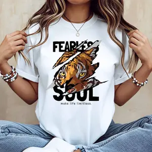 Fearless Soul Tiger Print T Shirt White Crew Neck Casual Sporty Style For Everyday Wear