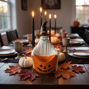 Halloween Resin Craft Ghost Holding Pumpkin Bag Ornament, Desktop Decorative Piece, Perfect Gift, Unique Halloween Decoration