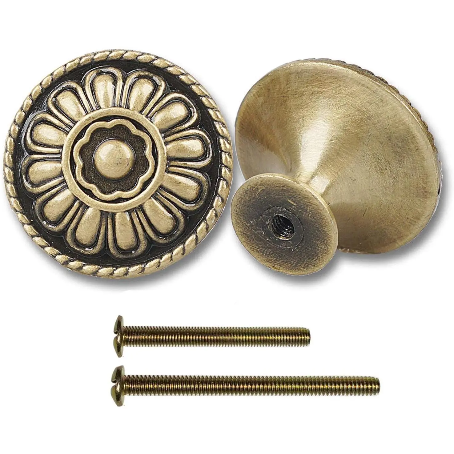 9-Pack of Euro Style Brushed Antique Brass Kitchen Cabinet Knobs Pull -  Aged Drawer and Dresser Round Handles - Antique  Knobs with Floral for Rustic Touch