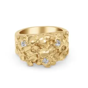 Gold Nugget Ring Men's 14k Heavy Plated Gold Cubic Zirconia Nugget Ring High Quality Lifetime Replacement Guarantee 6mm Thick Band