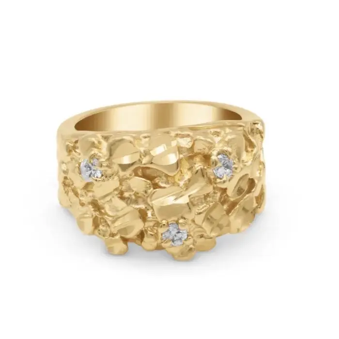 Gold Nugget Ring Men's 14k Heavy Plated Gold Cubic Zirconia Nugget Ring High Quality Lifetime Replacement Guarantee 6mm Thick Band