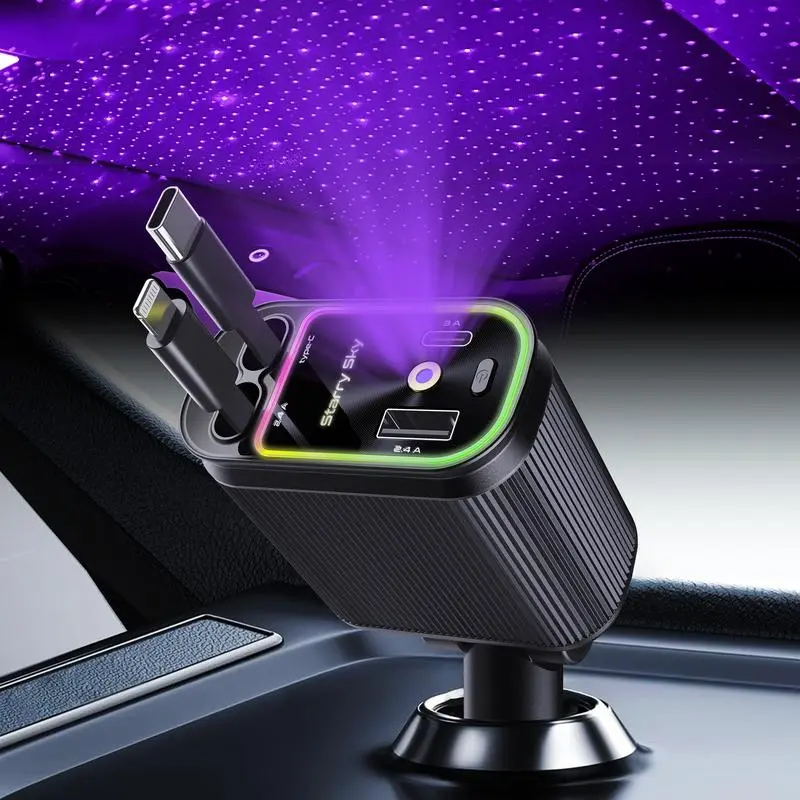 CHNKEYUN 4-in-1 Multifunctional Car Roof Charger - Anti-Tangle Retractable Cables, 2 USB Ports, Starlight LED Lights, Fast-Charging Adapter, USB-C Compatibility, Non-Aromatherapy Car Accessories, Phone Charger, Multifunctional Charger, Cars Accessories