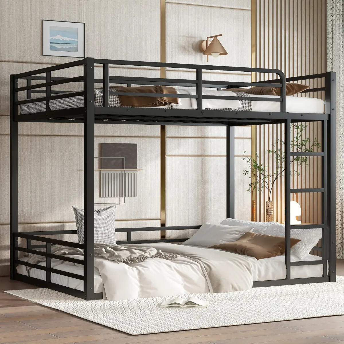 Full XL Bunk Bed Black, Full over Full XL Metal Bunk Bed Frame, Heavy Duty Floor Bunk Bed for Kids Teens Adults, Noise Reduced Space Saving Bed for Bedroom, Home Gift Modern Platform Bed