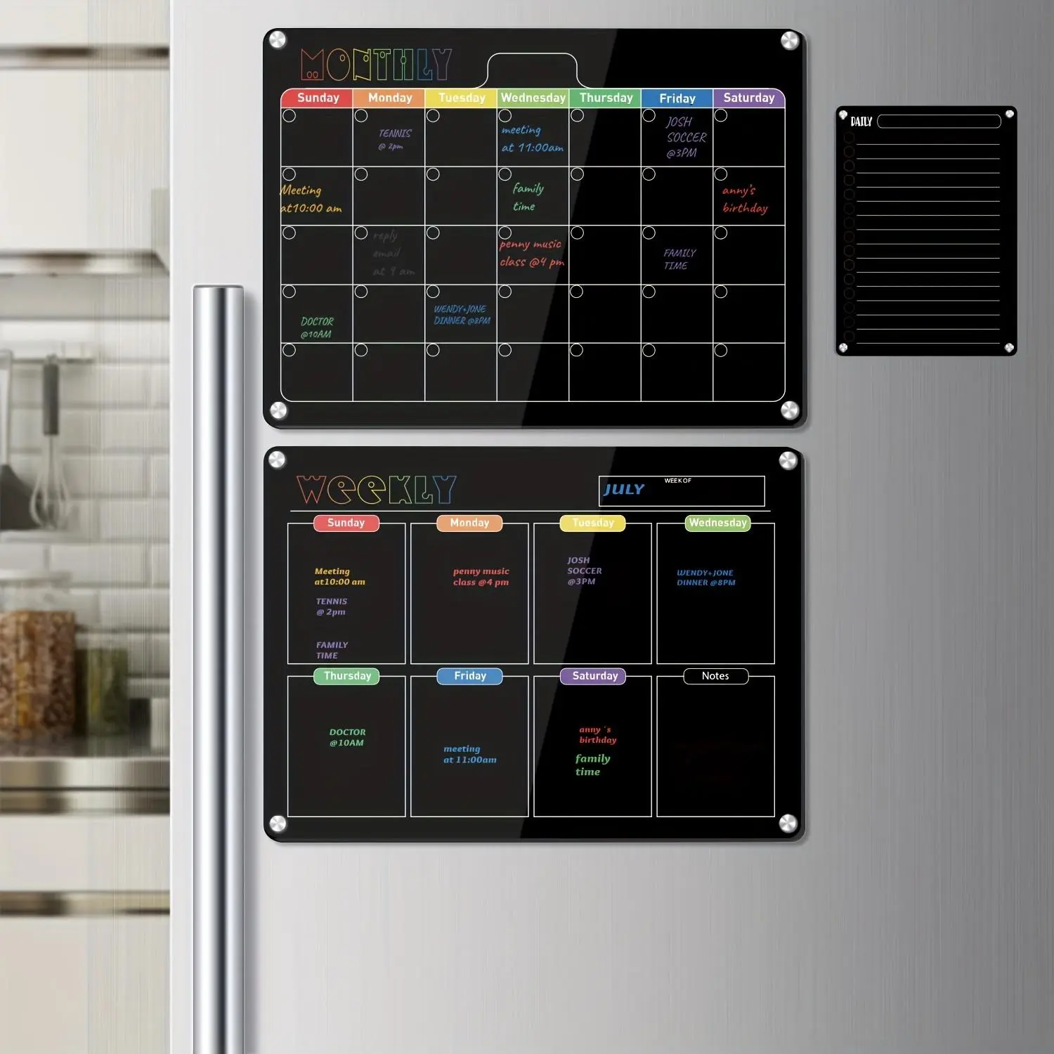 GUOBOARD 3-Pack Black 16.5x11.8" Acrylic Magnetic Dry Erase Color-Coded Planning Boards Set - Family-Friendly Modern Acrylic Board with Magnetic Hold for Refrigerators, Walls (Monthly Calendar, Weekly Calendar, Daily Notepad)
