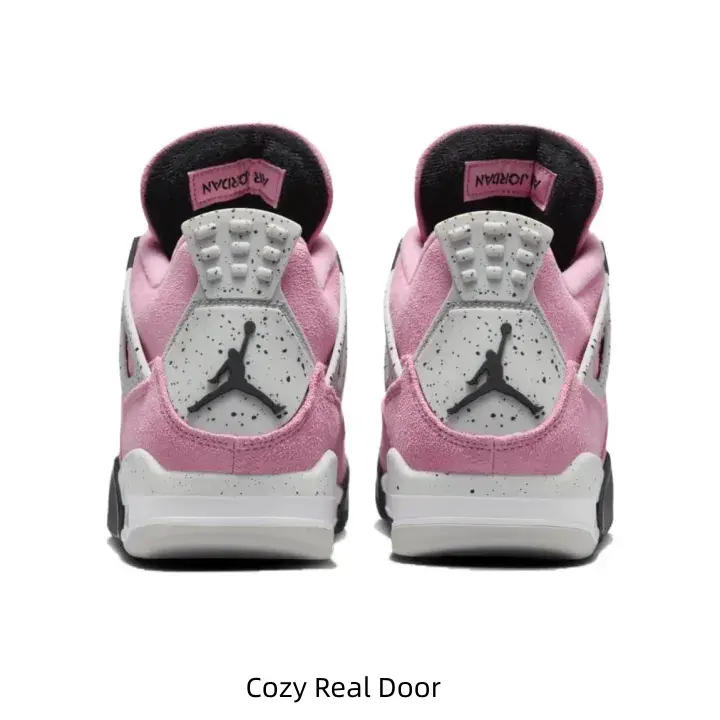Fashion Mid Cut Pink Sport Sneakers, Premium Pink Suede Material, Gray Triangle Mesh Accents, Classic Black Rear Jump Graphic, Speckled Gray Heel Detail, Lightweight White Midsole Durable Black Traction Outsole Ladies Trendy Kicks