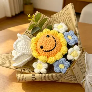 Handmade Smiling Sunflower Yarn Bouquet, Cute Flowers, Home Office Decor, Valentine's Day Christmas Gift, Handwoven Floral Arrangement