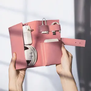 GiftByValentinas Cable Organizer - Portable Cable Storage Bag -  Leather Cable Organizer - Travel Essentials - Organizer for Tech Essentials & Chargers with Multi-Sized Slots & Solid Rivet Closure - Travel Storage Cable Bag - Leather Cable Storage Bag