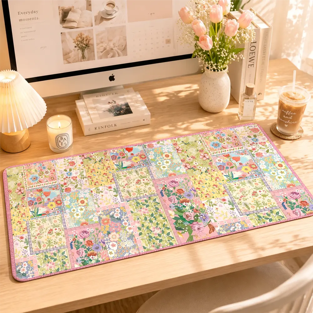 Cottagecore Gaming Mouse Pad Floral Patchwork Quilt Vibrant Squares with Diverse Flowers Pastel Watercolor Art Style Desk Mat Desk Setup