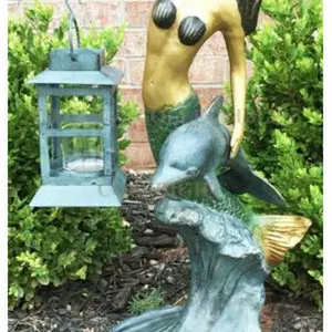 Ebros Garden Ocean Mermaid Goddess Holding Candle Lantern Aluminum Statue 21"H