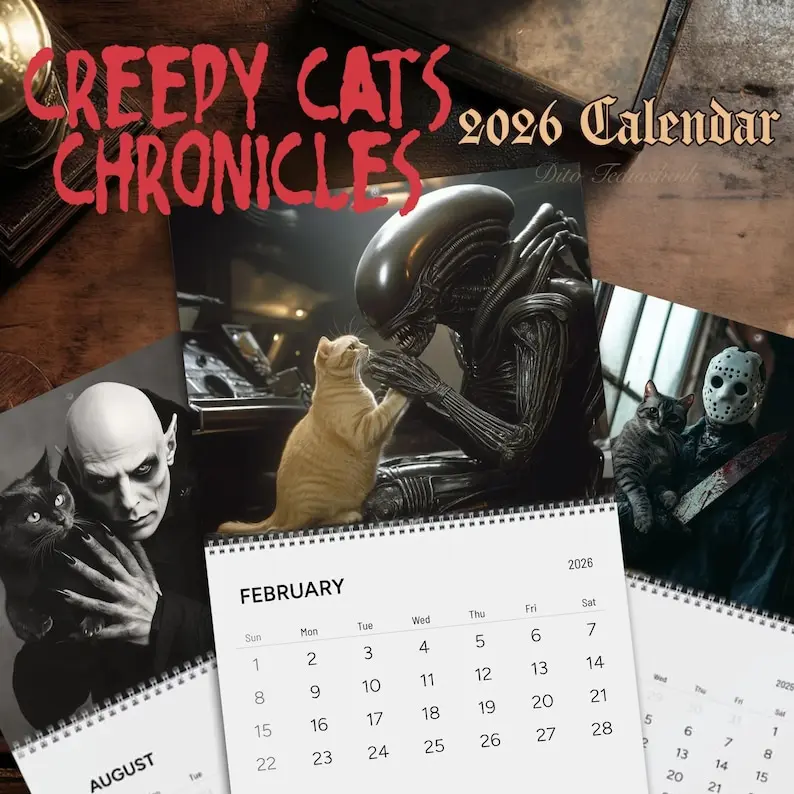 Creepy Cats 2026 2027 Wall Calendar, Gift for Horror Film Fans, Secret Santa Gift for Scary Movie Lovers, Christmas Gift for Cat & Horror Lovers