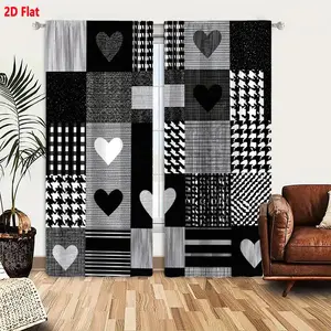 2D Flat  Black and White Geometric Patchwork Curtain 2-Piece Set, Heart & Patterned Square Rectangular Block Design, Vintage Retro Aesthetic, Houndstooth Checkered Striped Dotted Textures, Monochromatic Decorative Curtains for Bedroom Living Room