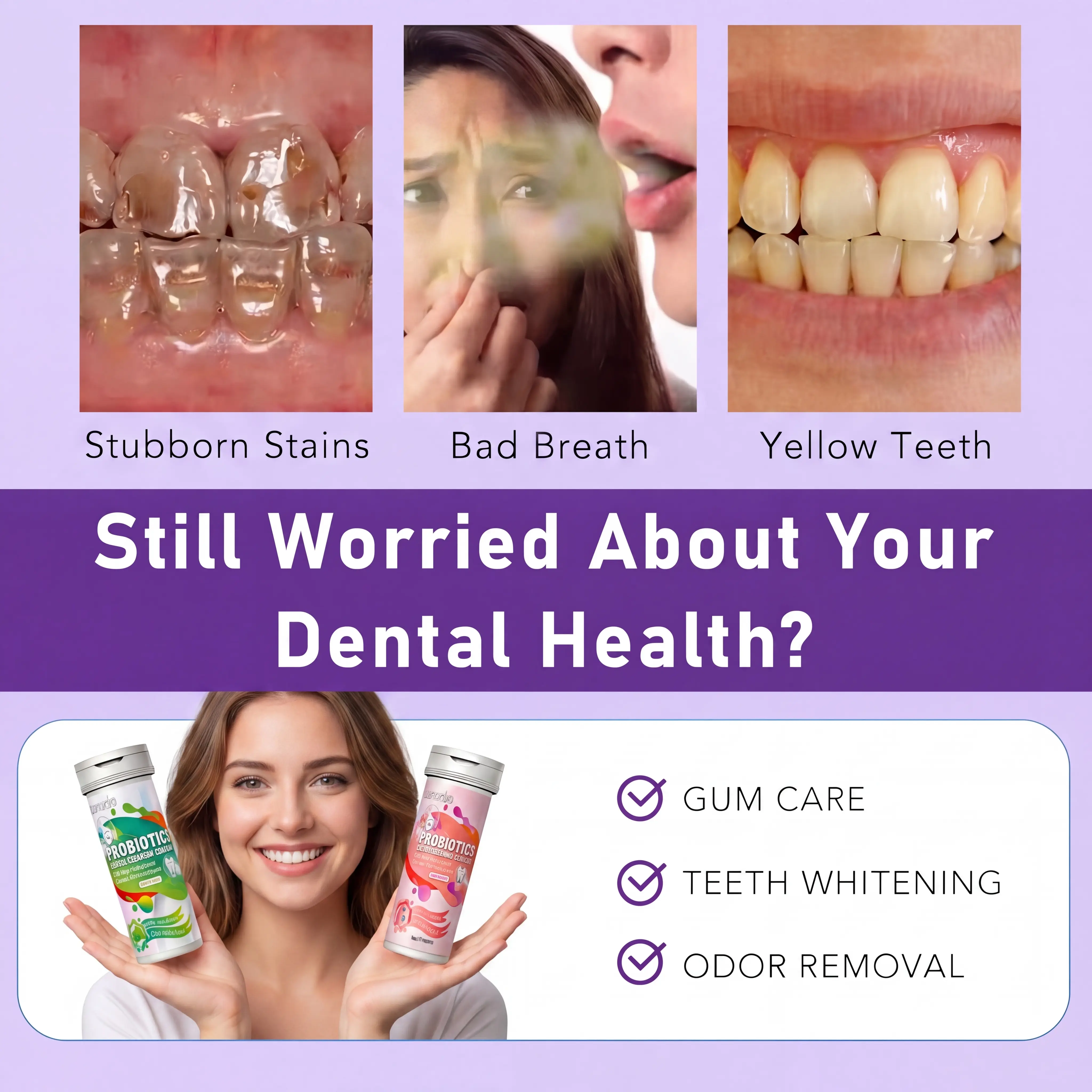 Probiotic Toothpaste Tablets for Teeth Whitening, Chewable Foam with Pearl Powder, Peach Mint Flavor for Fresh Breath & Travel, Fluoride-Free
