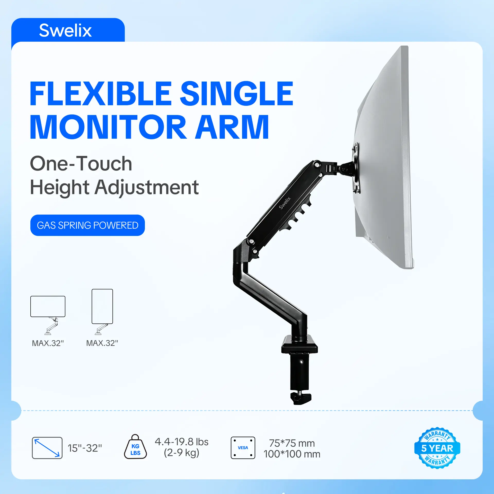 SWELIX Sturdy Single Monitor Arm & Laptop Holder for Computer Desk, 15-32 Inches VESA Compatible Mount, Quick Release Install, Cable Management, 19.8lbs Capacity, 100x100mm VESA Pattern, C-Clamp/Grommet Options, for Gamers & Office Use