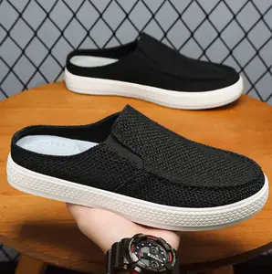 Black Canvas Slip-On Mules with White Rubber Sole for Summer Casual Wear