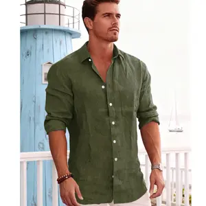 Men's Casual Button Down Shirt Long Sleeve Linen Chambray Shirt