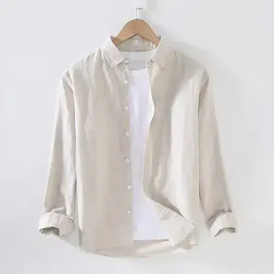 Spring and Summer Linen White Long-Sleeved Shirt Men's Cotton and Linen Shirt Casual Shirt Men Menswear Top