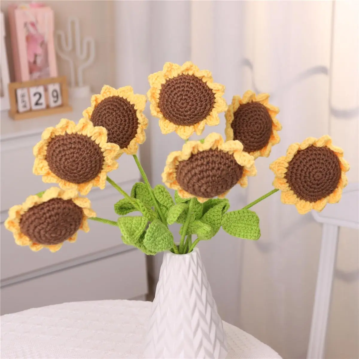 Sunflower Design Crochet Flower, 7 Counts/set Artificial Handmade Crochet Flower without Vase, Sunflower Bouquet, Home Decor for Living Room Bedroom,