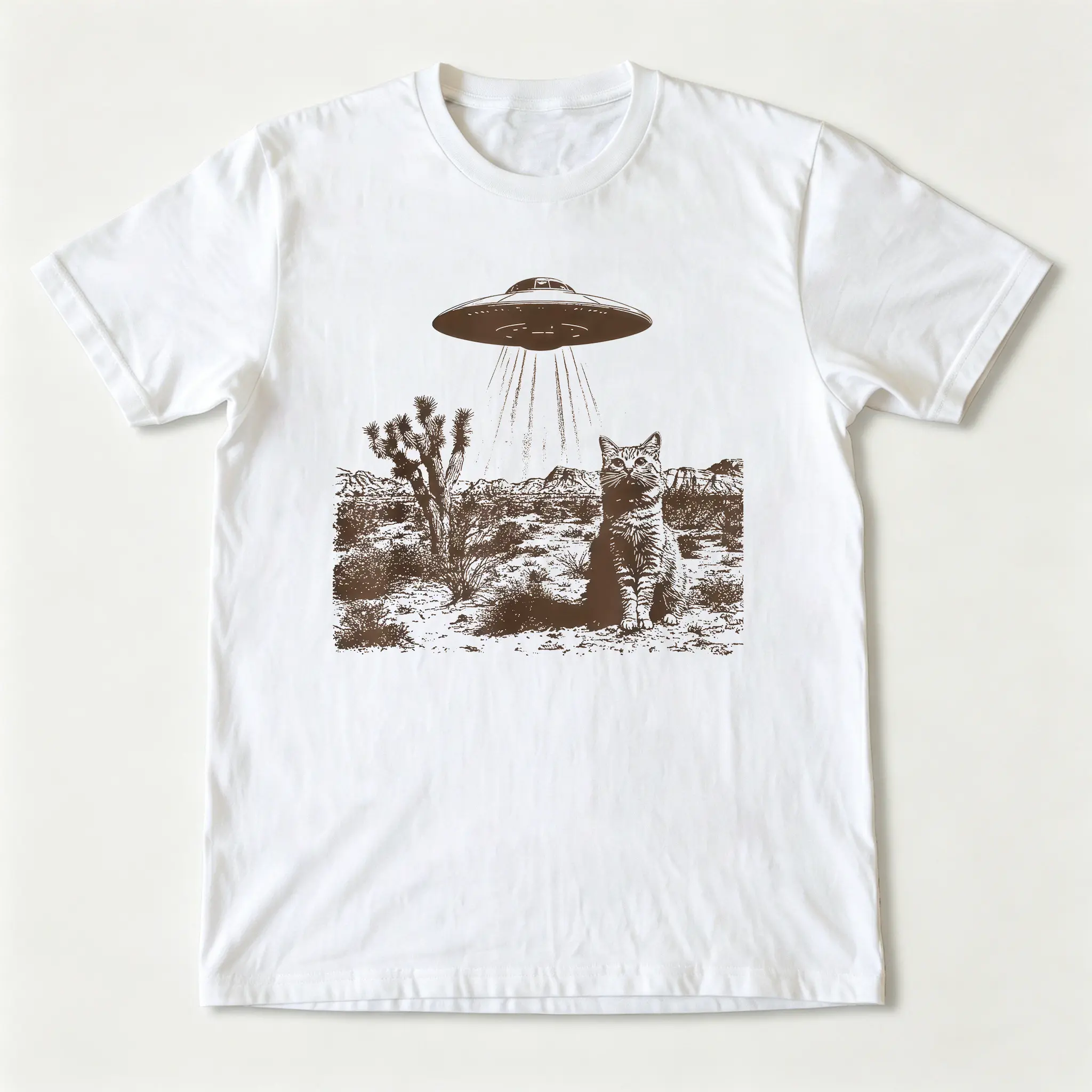UFO Cowboy Cat T-shirt, Unisex Vintage Crew Neck Regular Fit Cotton Fabric Casual Breathable Short Sleeve Funny T-shirts Fashion Men&Women's Top for Streetwear 091307 Oversized Garment
