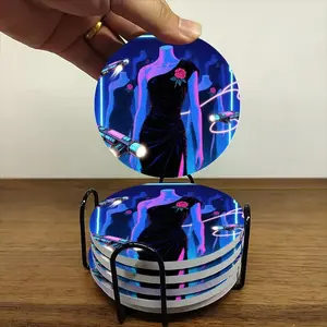 6-piece ceramic coaster set, futuristic theme: black off-the-shoulder dress with neon guns, heat-resistant and non-slip coasters with holders, perfect for home, dining, and as beverage mats.