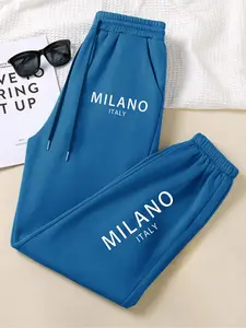 Men's Women's Casual Loose-Fit Knit Fabric Letter Print Drawstring Waist Pants, Fall Winter Thicken Warm Fleece Sweatpants, Unisex Fashion Long Trousers