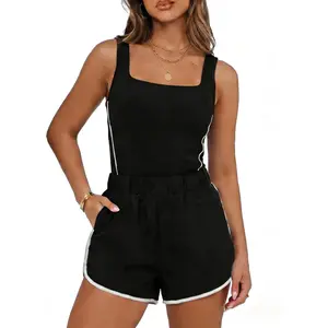 Chunpin Women's Rompers 2026 Athletic Jumpsuits Square Neck Sleeveless Shorts Romper with Pockets One Piece Outfits Summer