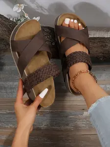 Women's Summer New Flat Heel Thick Sole Sandals, One-Step Slip-On Casual Comfortable Ladies Slippers, PU Leather Upper Material, Footwear