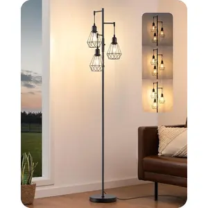 70IN Farmhouse Floor Lamps for Living Room, Dimmable Industrial Tall Standing Lamps 3 LED Edison Bulbs Included, -Shaped Cage, Rustic Tree Corner Light for Bedroom, Office, Black